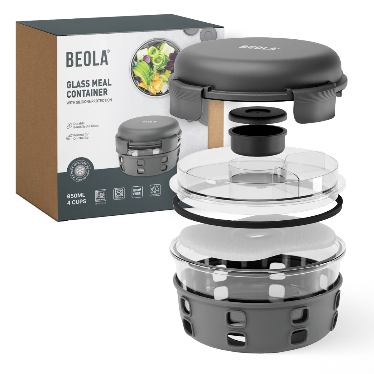 Beola Glass Food Bowl Container With Ice Pack 950Ml Lava Gray