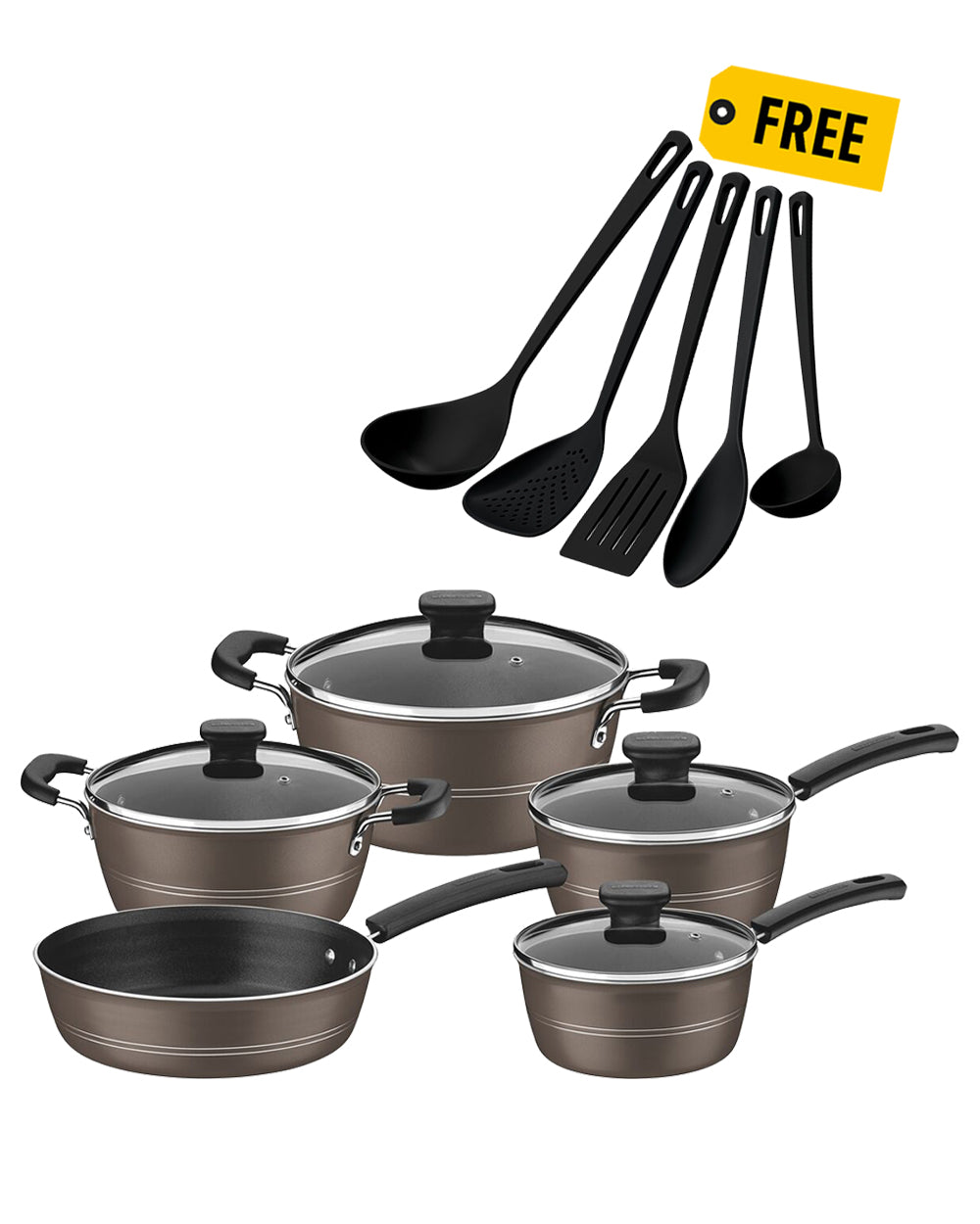 Tramontina Hazelnut Aluminum Cookware 5 Pieces Set with Free Utensils Set