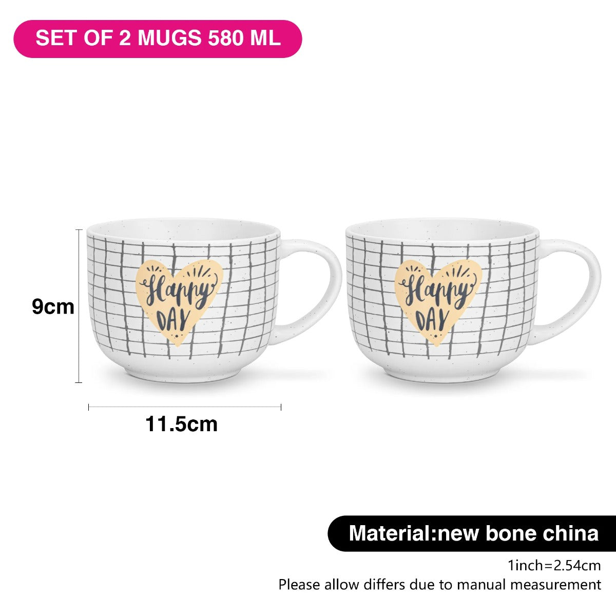 Fissman 2 Piece Mugs 580ML Happy Day Checked