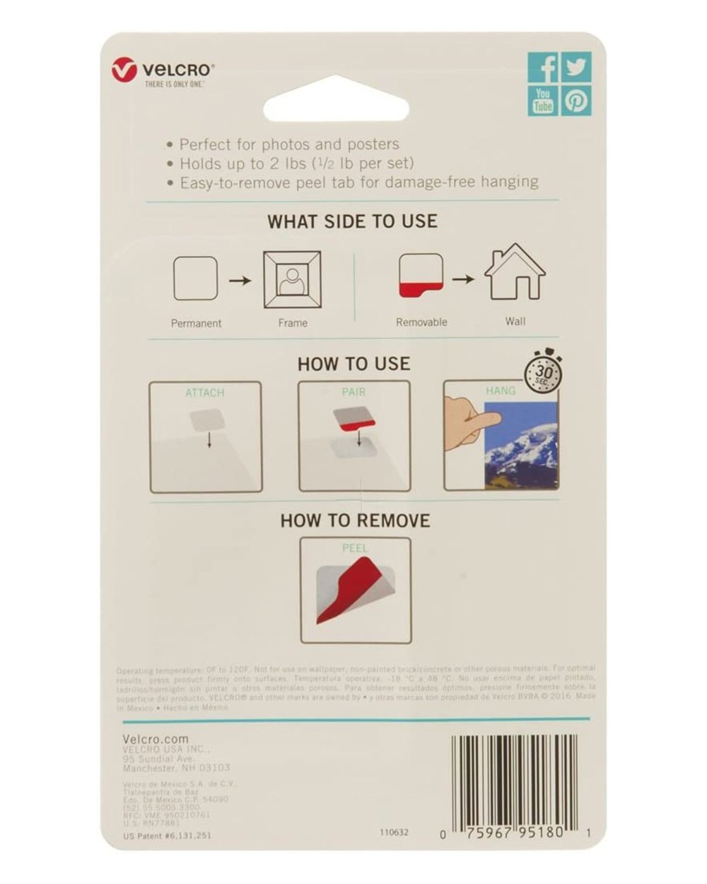 VELCRO HANGables Removable Wall Fasteners Squares 8 Count White