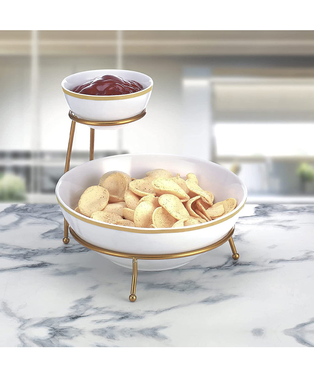 Shallow 4.75 inch & 9.25 inch Chip & Dip Bowl Set With Gold Stand & Decal