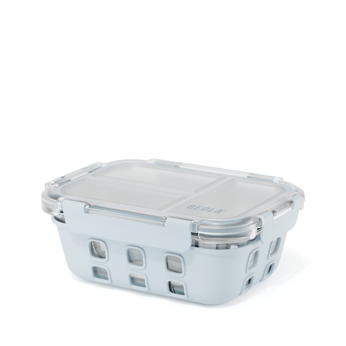 Beola 3 Compartment Glass Food Storage Container With Silicone Protective Sleeve, 1050Ml Ice Blue