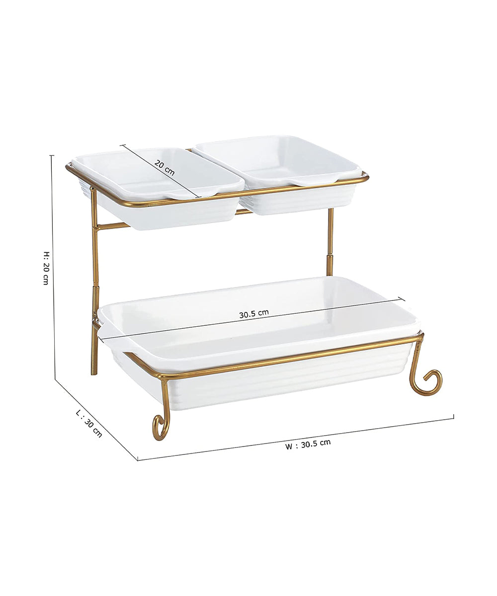 Shallow 2 Tier Rectangle Serving Set with Gold Stand 8 inch & 2 inch