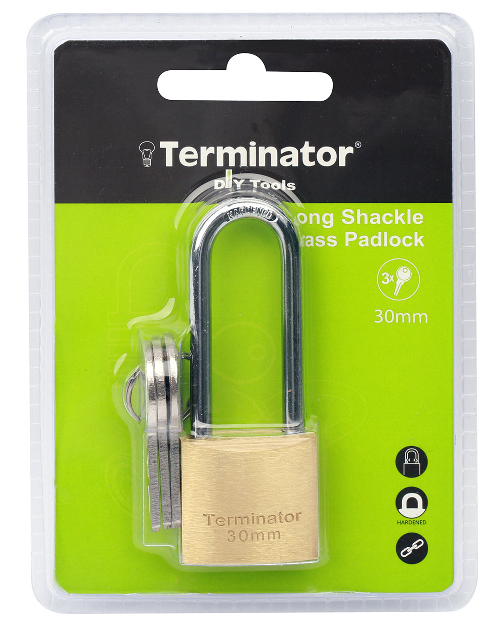 Terminator brand Long Shackle Brass Pad lock 30mm with 3 keys