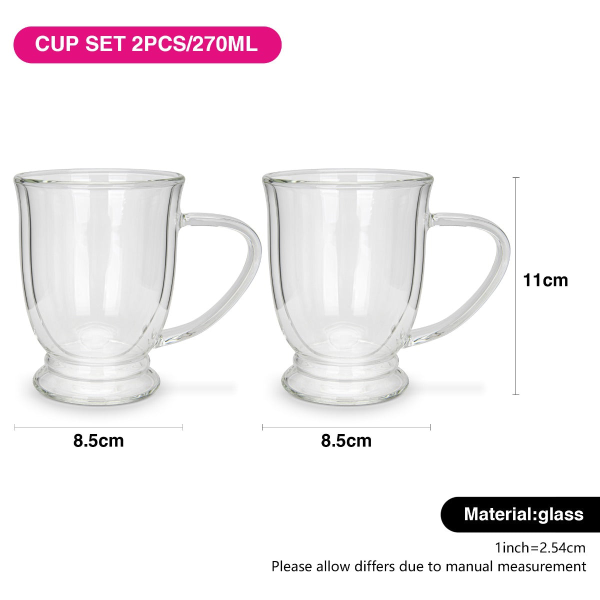 Fissman Set of 2 Double Wall Mugs 270ML Borosilicate Glass