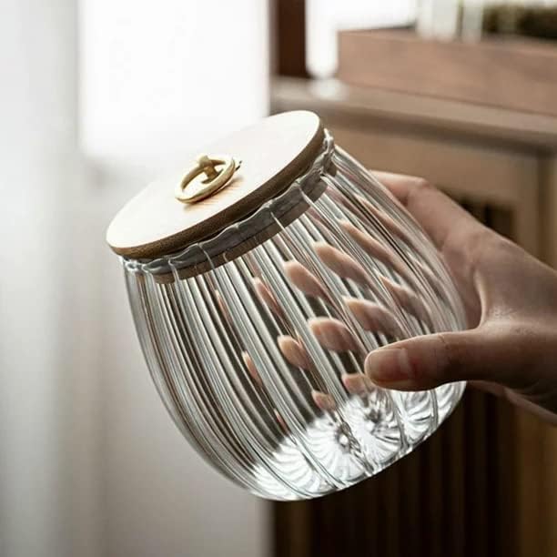 1Chase Borosilicate Glass Storage Jar With Airtight Bamboo Lid and Metal Handle Oval Shape 700 ML