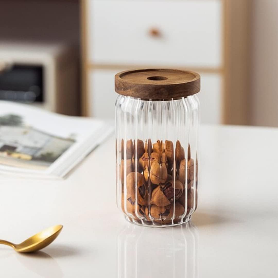 1Chase Borosilicate Stripe Glass Food Storage Jar With Acacia Wood 15 cm 700 ML