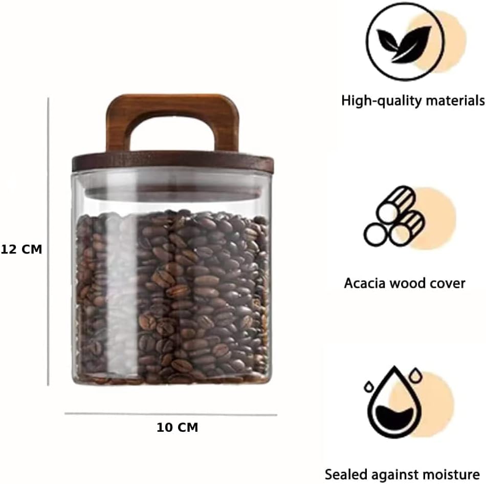1Chase Borosilicate Glass Food Storage Jar With Acacia Wood Air Tight Lid and Handle 800 ML 12 cm