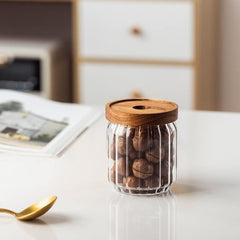 1Chase Borosilicate Stripe Glass Food Storage Jar With Acacia Wood 10CM 500 ML