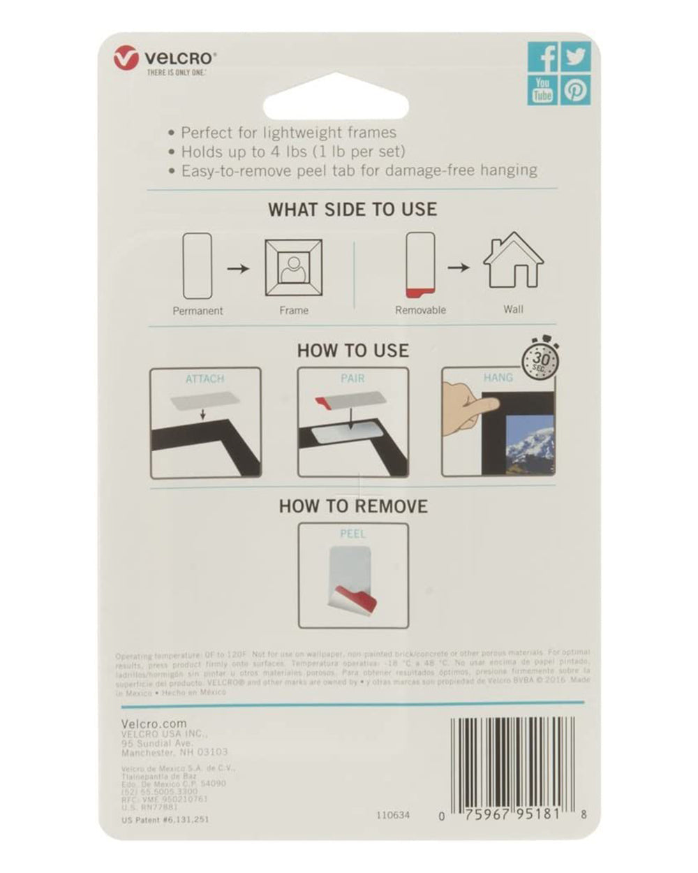 VELCRO HANGables Removable Wall Fasteners Strips 4 Count White