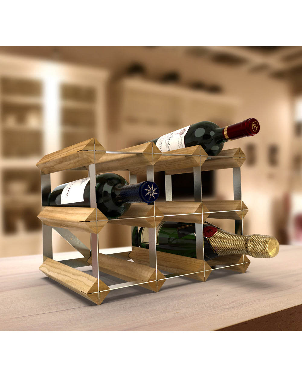 RTA Galvanized Steel & Light Oak Pine Assembled 9 Bottel Wine Rack