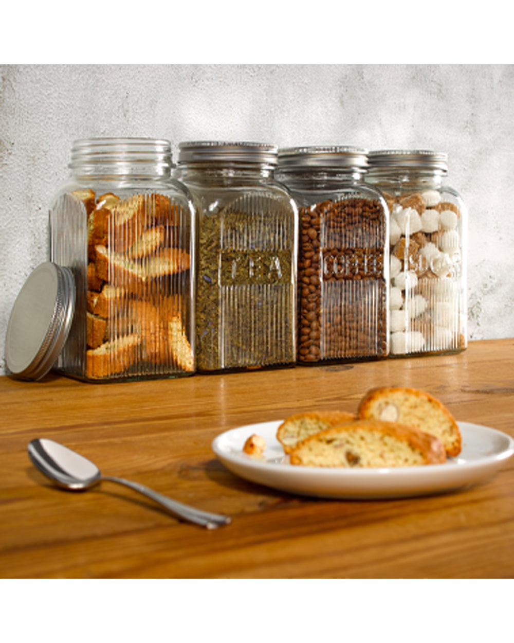 Tala 1.25 Liter Sugar Ribbed Glass Storage Canisters with Screw Top Tin Lids