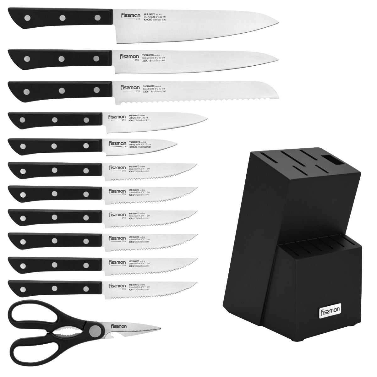 Fissman 13 Pieces Knife Set Yasumoto With Wooden Block X 30Cr 13 Steel