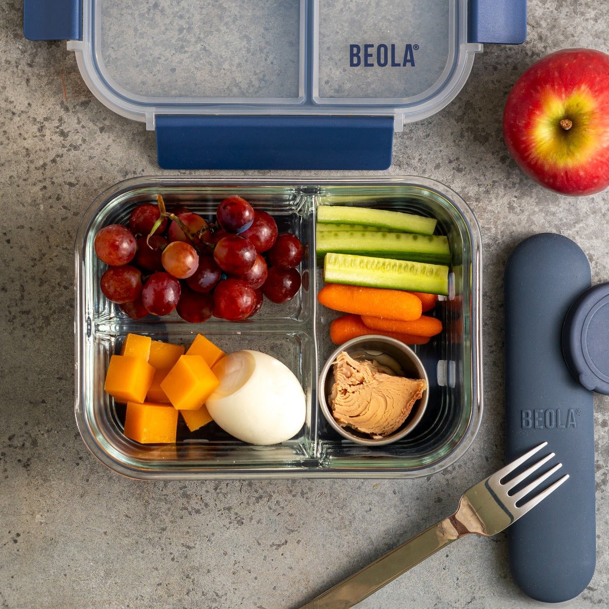 Beola 3 Compartment Glass Food Storage Container With Silicone Protective Sleeve, 1050Ml Lava Gray