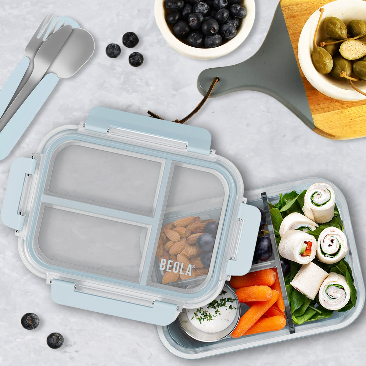 Beola 3 Compartment Glass Food Storage Container With Silicone Protective Sleeve, 1050Ml Ice Blue