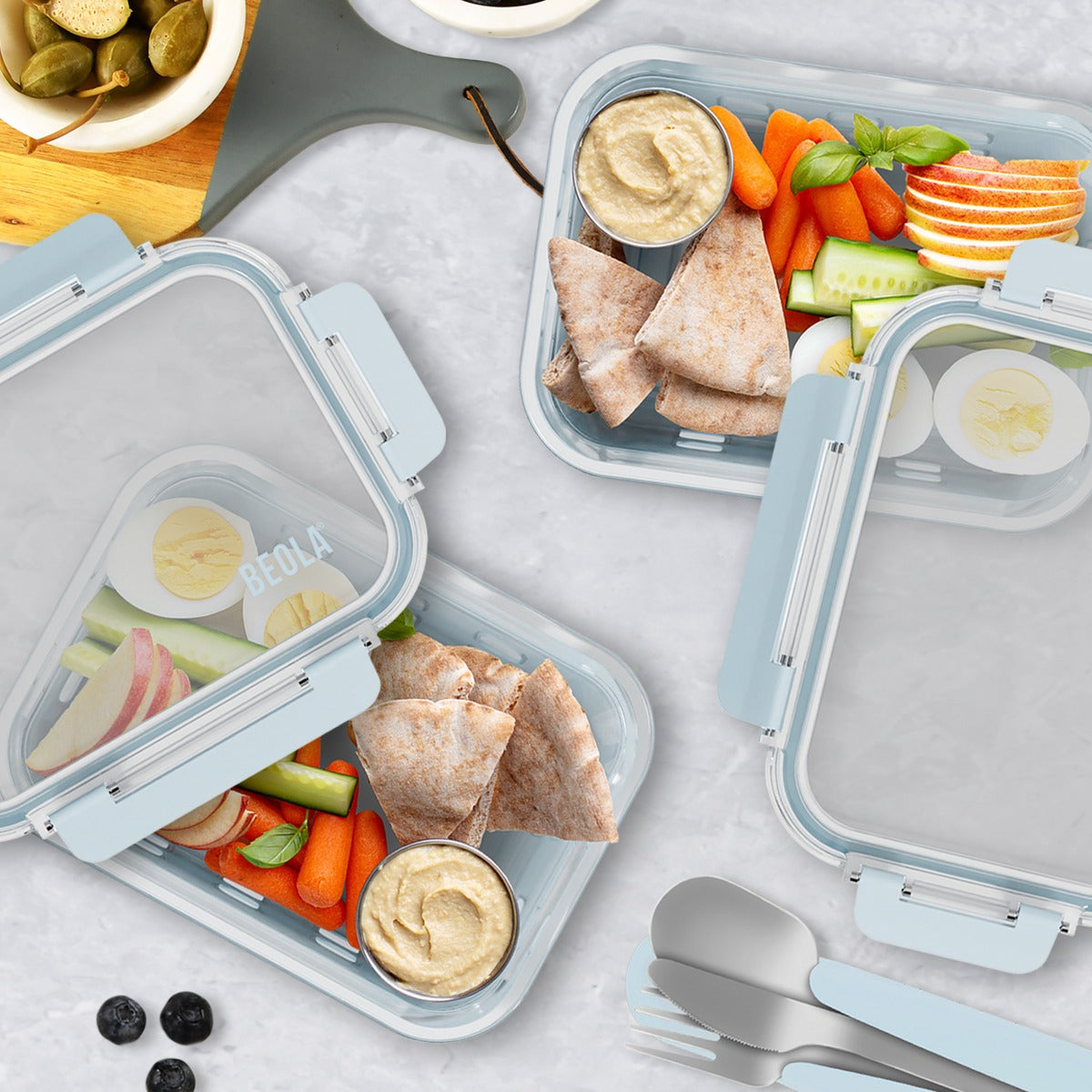 Beola Set Of 2 Glass Food Storage Containers With Silicone Protective Sleeve,  640Ml Ice Blue