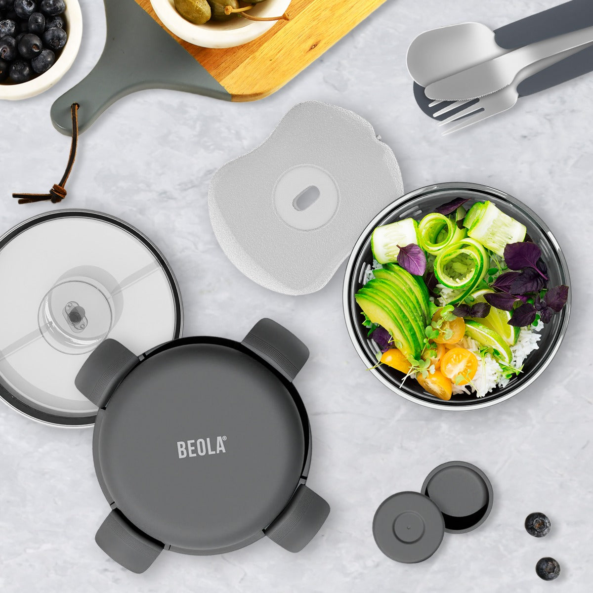Beola Glass Food Bowl Container With Ice Pack 950Ml Lava Gray