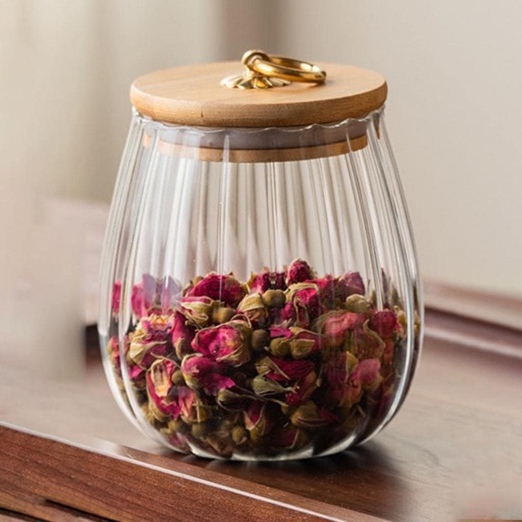 1Chase Borosilicate Glass Storage Jar With Airtight Bamboo Lid and Metal Handle Oval Shape 700 ML