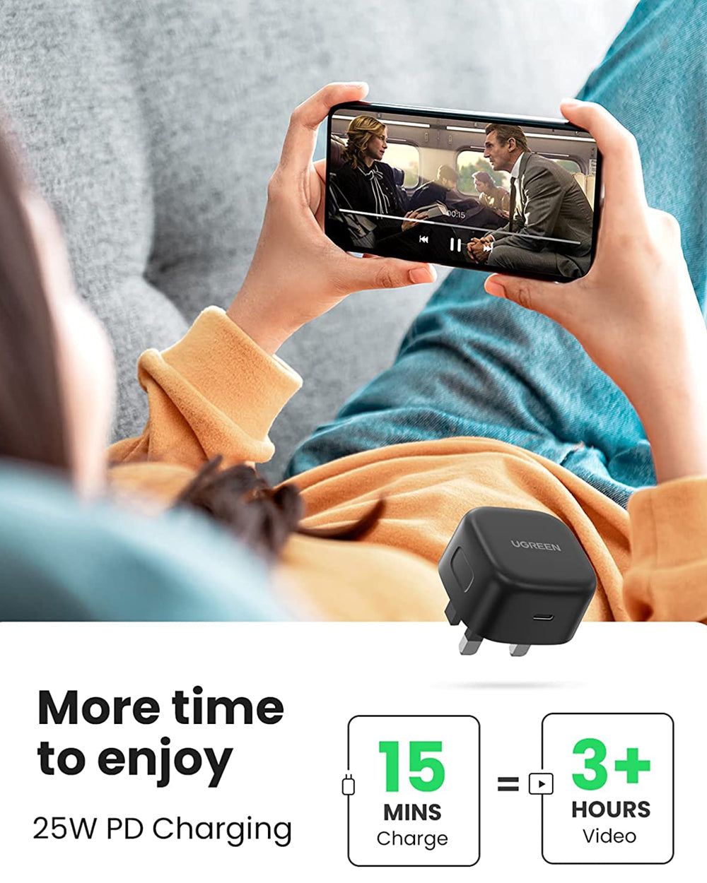 UGREEN 25W PD USB-C Fast Charger UK With C to C Cable 2 Meter Black