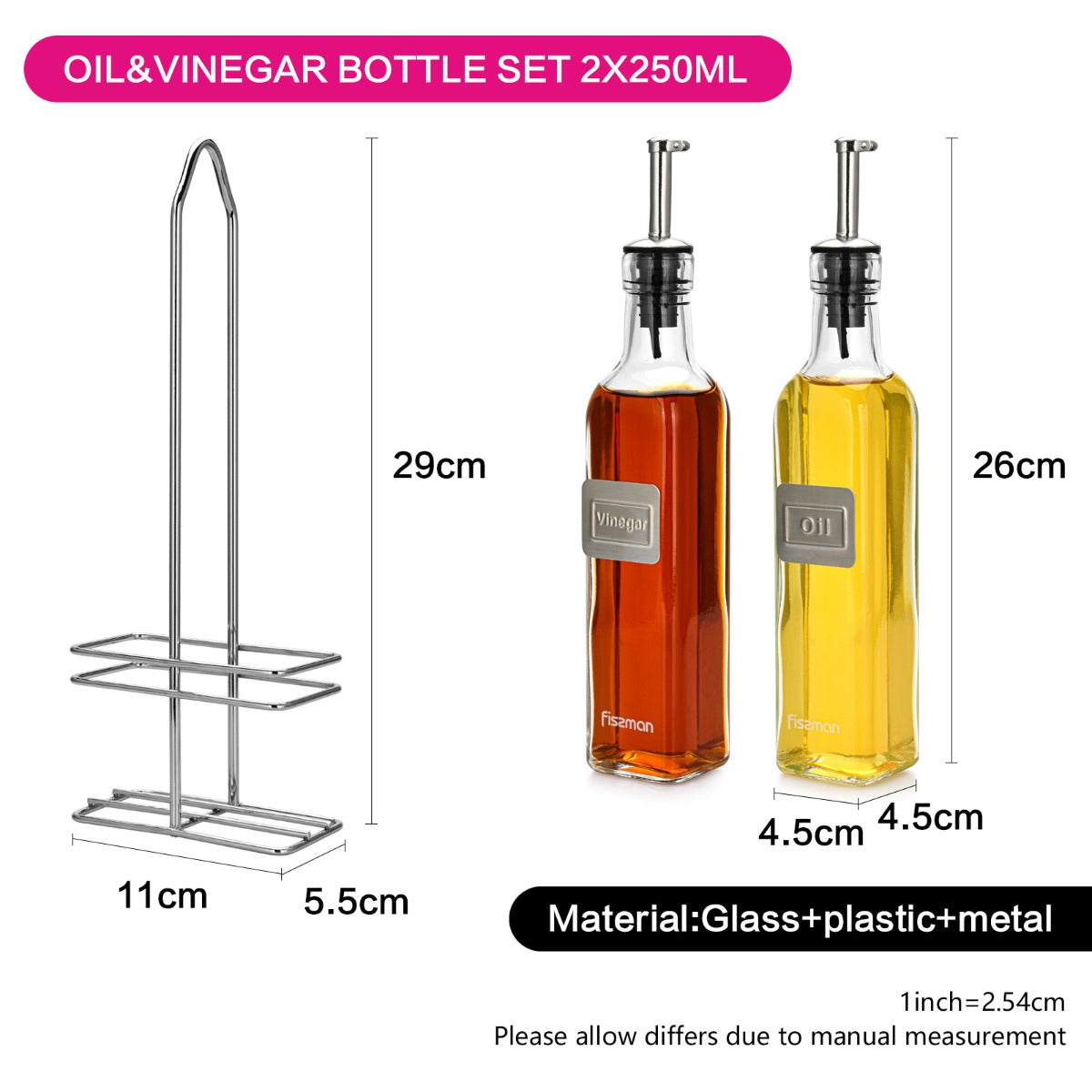 Fissman Oil & Vinegar Bottle Set 2 x 250ML with Rack Glass