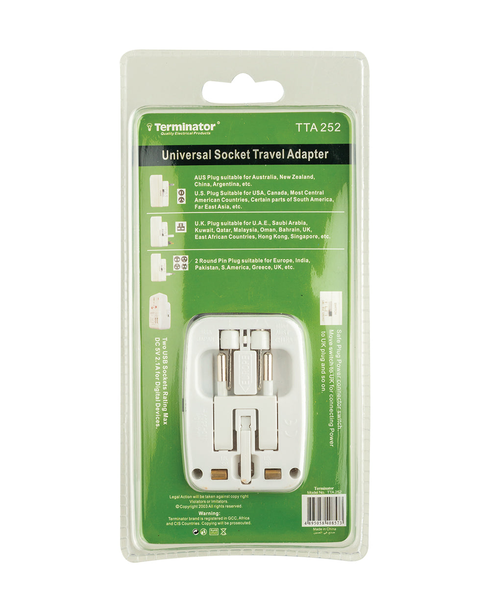 Terminator Multi-pin Travel Adaptor with Universal & 2RP Socket + 2 USB 2.1A