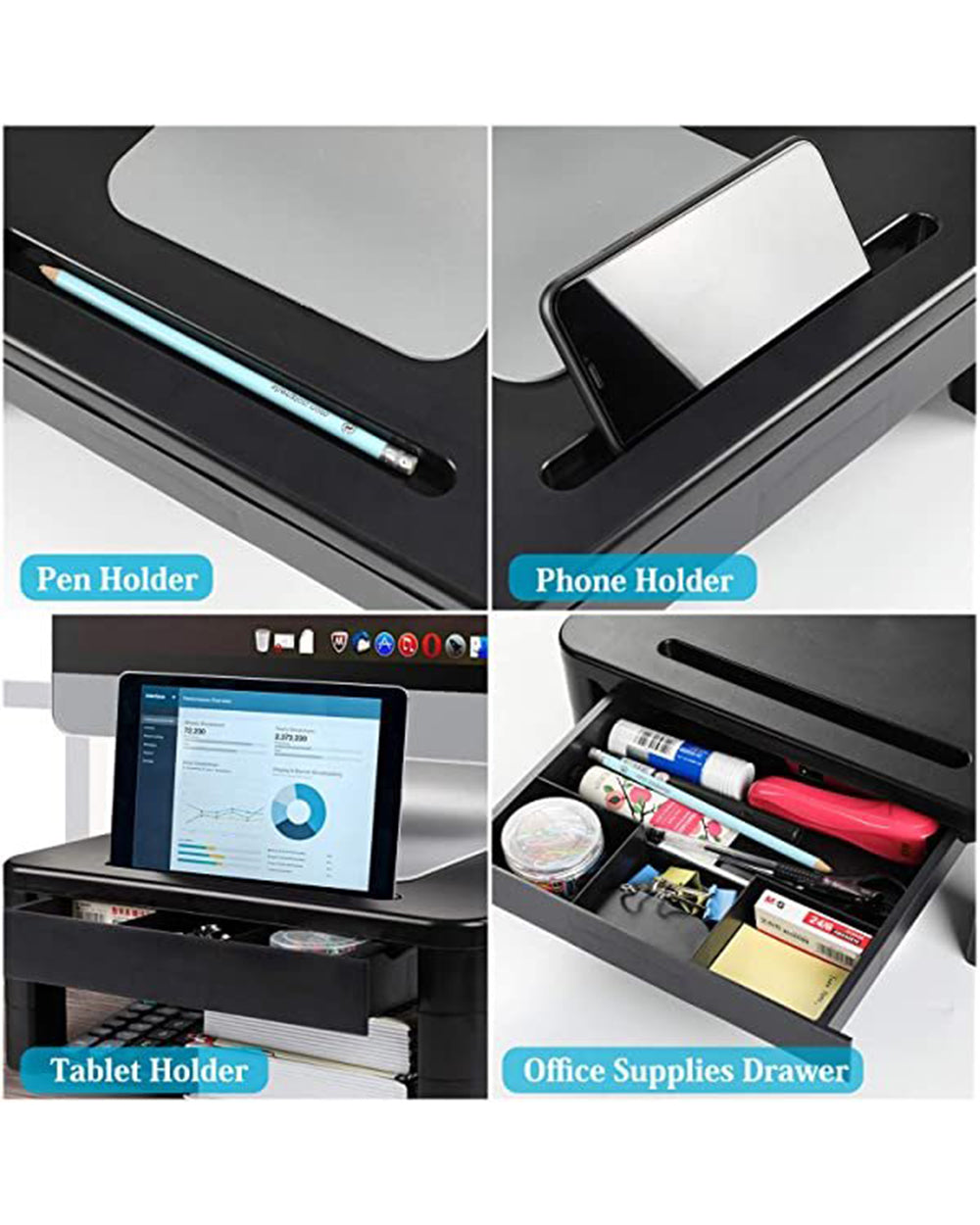 Loryergo Adjustable Laptop & Monitor Stand with Drawer & Cellphone Holder Black