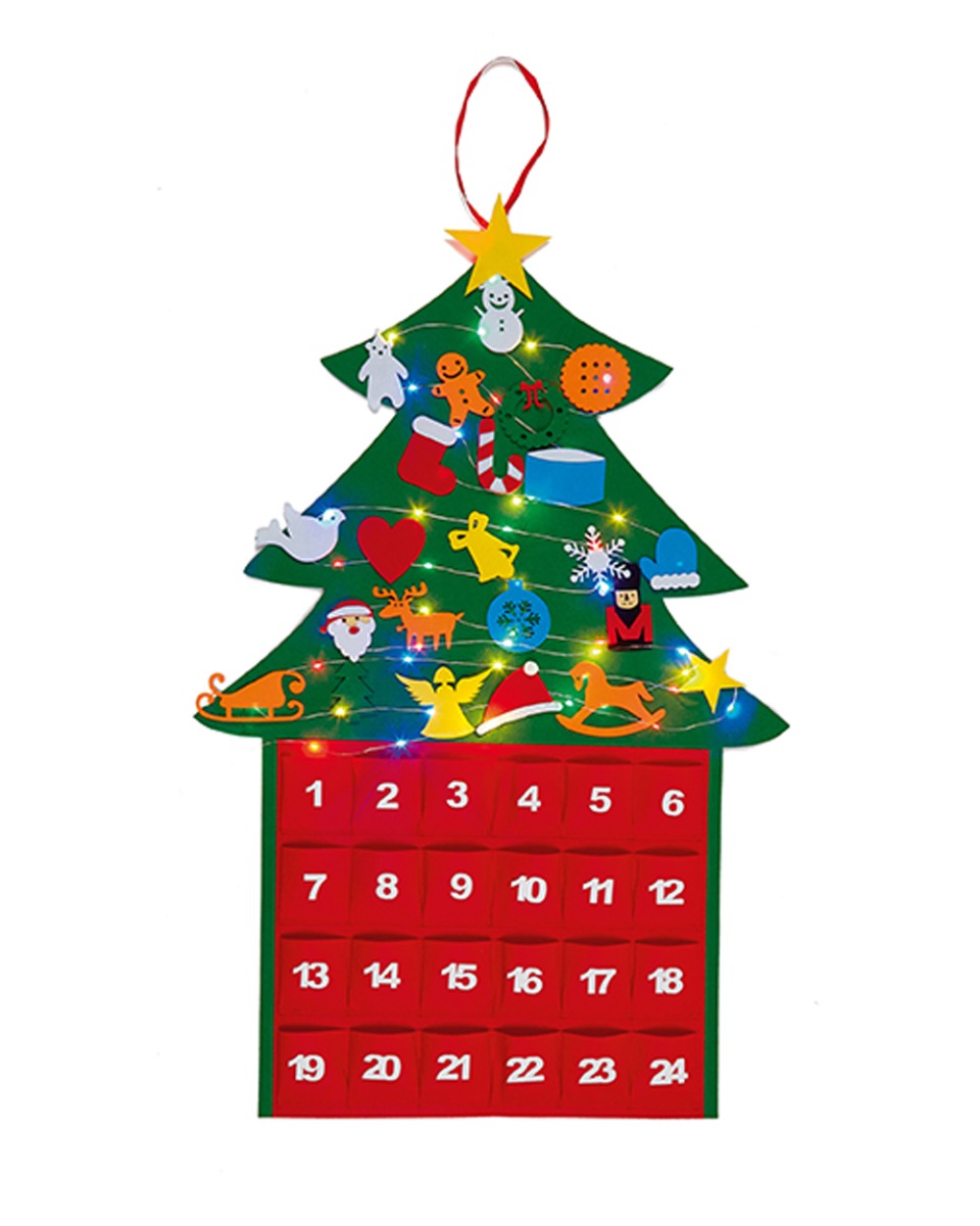 Premier 23 Pieces Christmas DIY Advent Calendar Felt Tree with Decorations and 50 LED Lights
