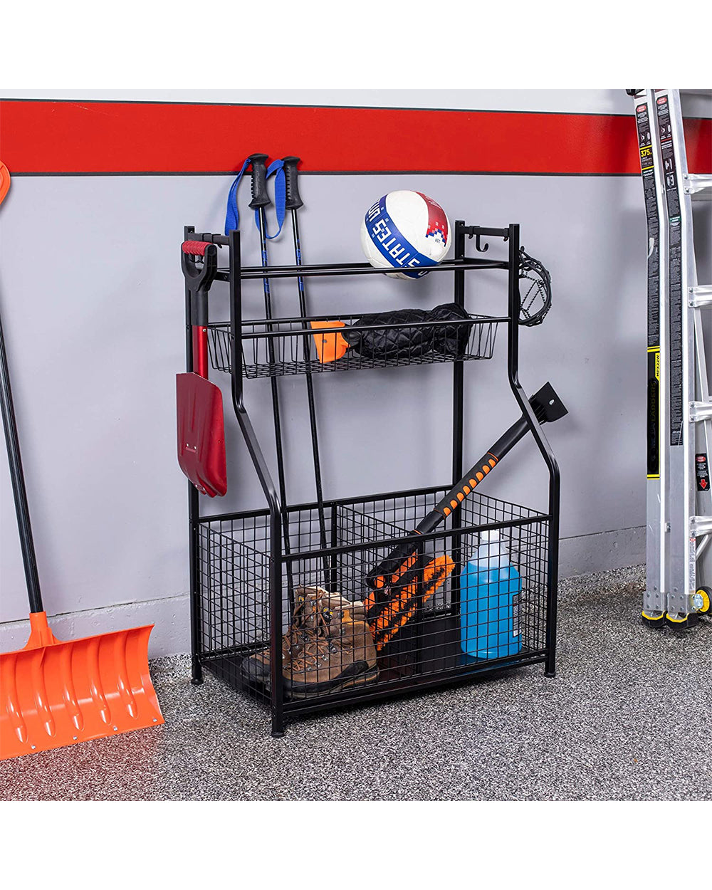 Homesmiths Garage Storage with Baskets & Hooks for Sports Gear, Toys for Indoor & Outdoor Use Black 30.73 x 16.75 x 43 inch