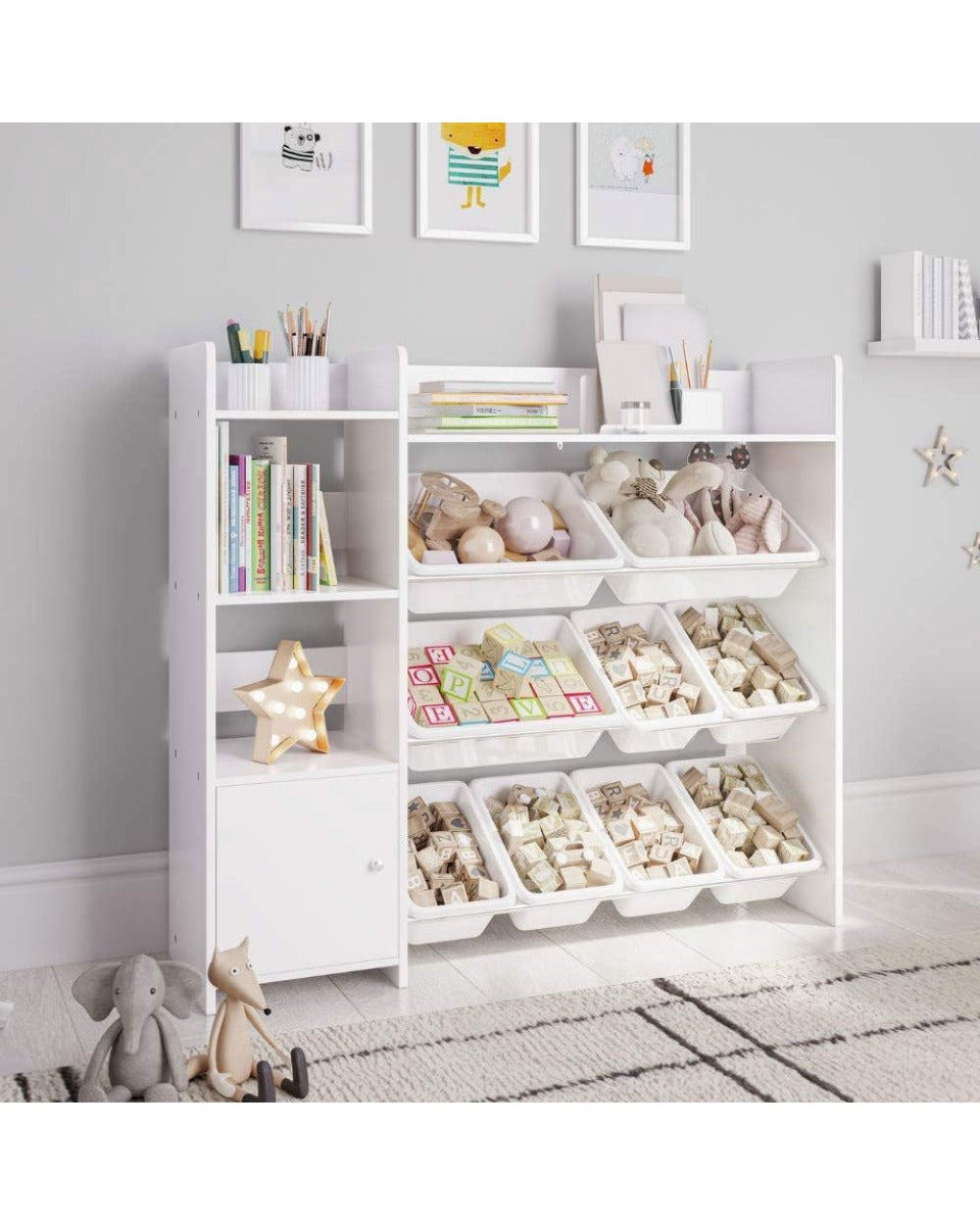 Homesmiths Kids Toy Storage Organizer White with Kids Toy Shelf and 8 White Toy Bins, D112.52 X W30 X H100cm