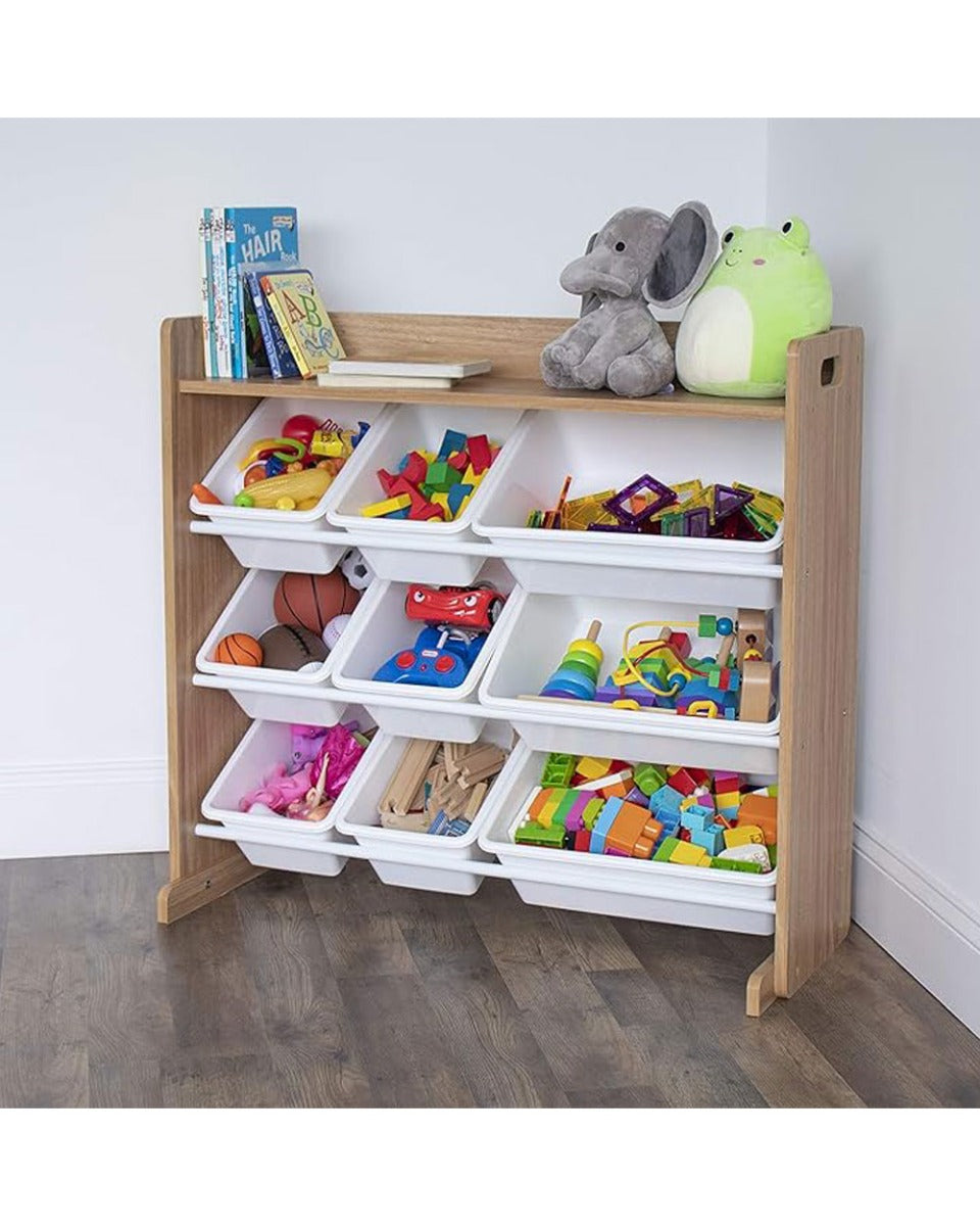 Homesmiths Natural Wood/White Toy Organizer with Shelf and 9 Storage Bins, D39.37cm x W86.36cm x H78.74cm