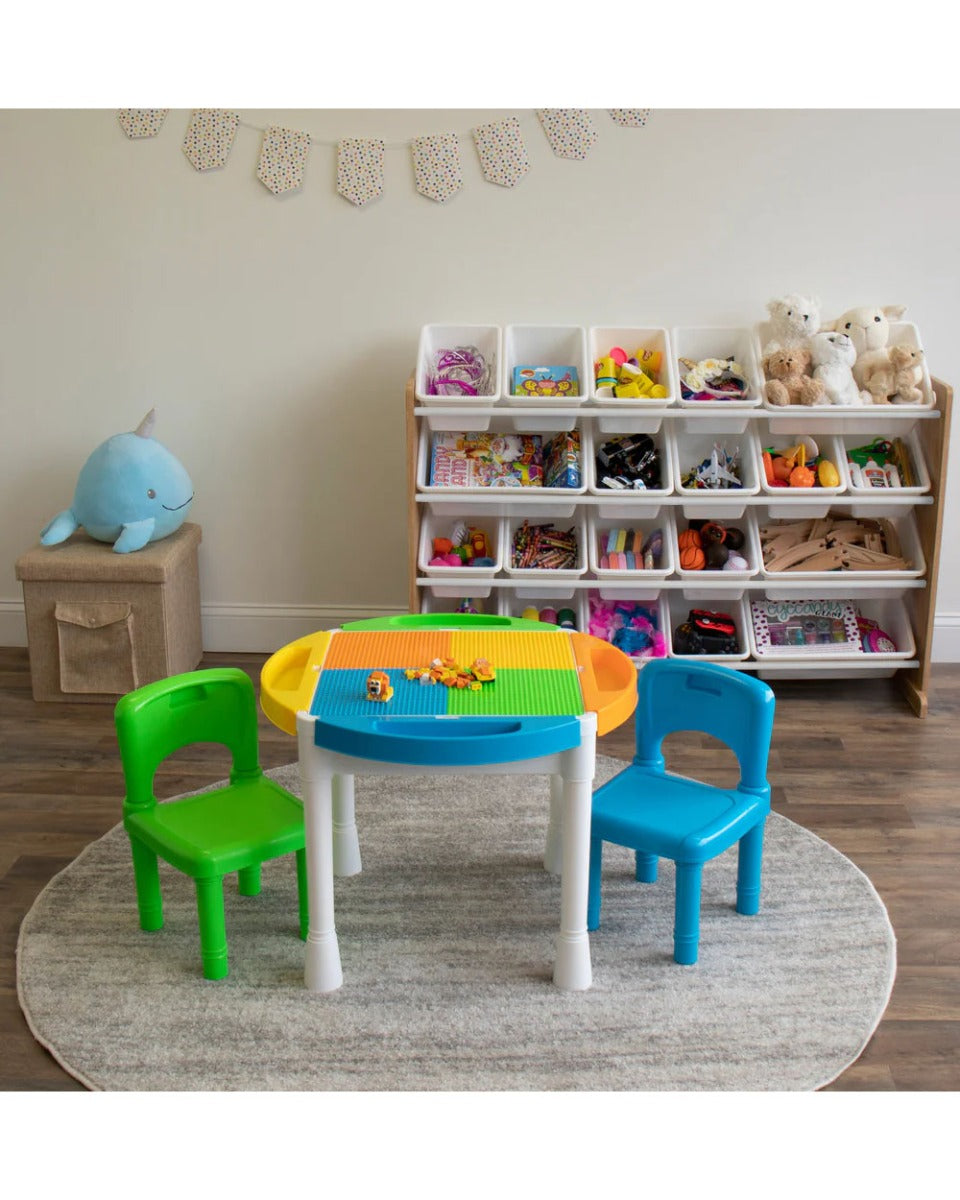 Homesmiths Extra-Large Toy Organizer, Natural Wood/White With 16 Storage Bins, D39.37cm X W106.68cm X H88.9cm