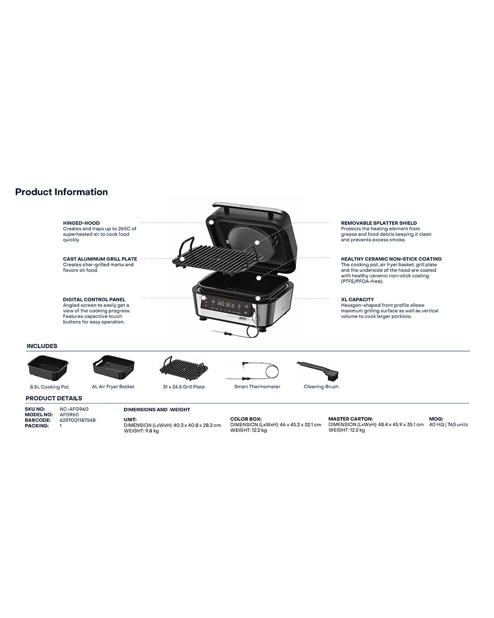 Nutricook Smart Indoor Grill & Air Fryer 8.5 Liter Extra Large (Display Unit)