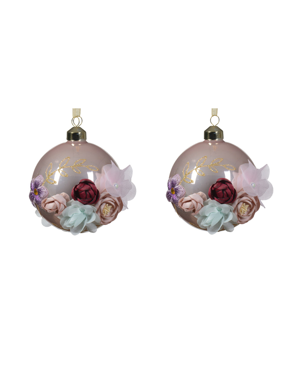 Homesmiths Decoris Bauble Glass Enamel With Fabric Flowers, Glitter Leaves & Gems Assorted 1 Piece