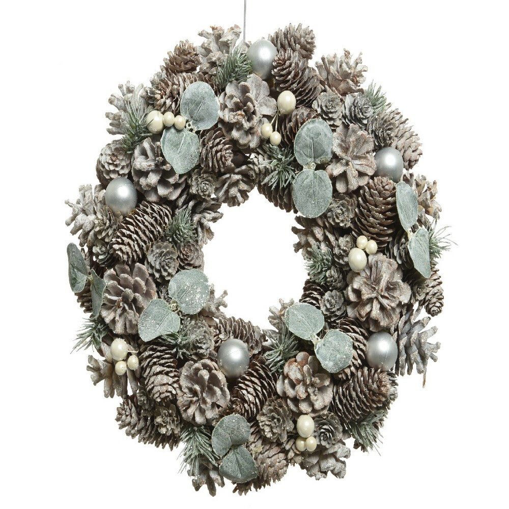 Kaemingk Decoris Wreath Pinecone Frost Baubles, Berries & Pine Green, Pearls