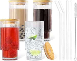 Honey Bee 450ML Borosilicate Glasses With Straws & Wooden Lid Set of 4