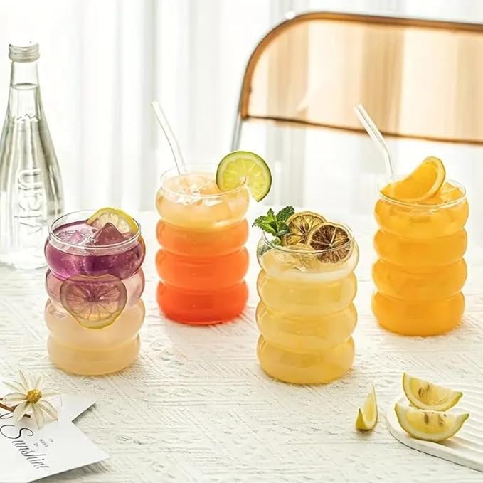 Honeybee 330ML Borosilicate Vintage Glass With Straw Set of 4