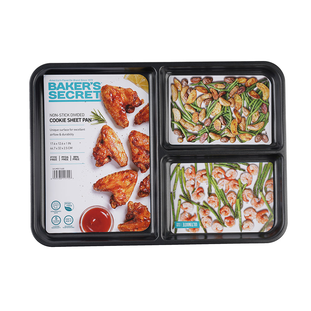 Baker's Secret 3 Divided Cookie Sheet – Non-Stick Baking Tray, Multi-Section Pan for Cookies, Biscuits & Roasting, Oven-Safe Kitchen Bakeware