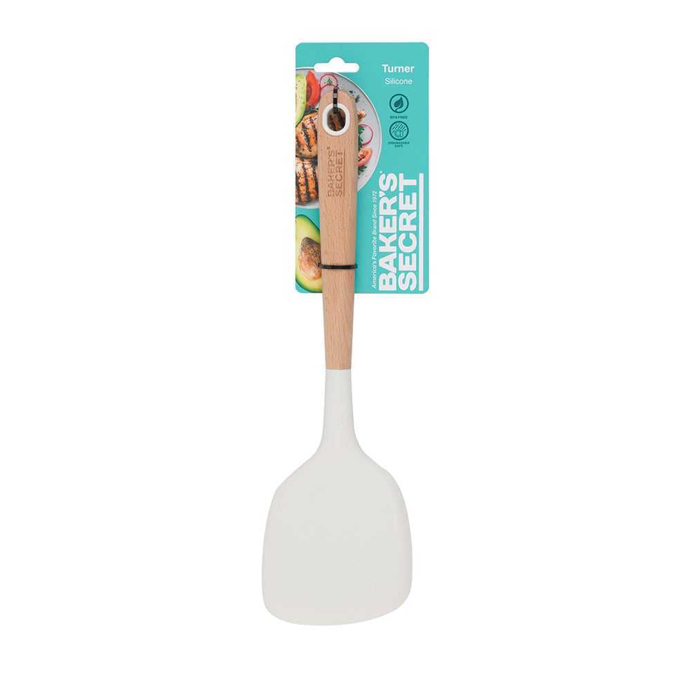 Baker's Secret Silicone Turner with Wooden Handle – Heat-Resistant Kitchen Tool for Frying, Stirring & Non-Scratch Cooking Utensil