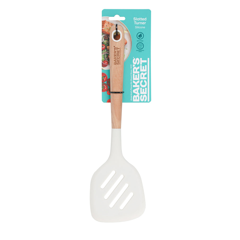 Baker's Secret Silicone Slotted Turner with Wooden Handle – Premium Kitchen Accessory for FliPolypropyleneing, Draining & Non-Scratch Cooking