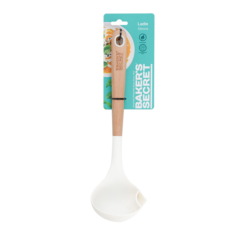 Baker's Secret Silicone Ladle with Wooden Handle – High-Quality Kitchen Accessory for Serving, Scooping & Heat-Resistant Cooking