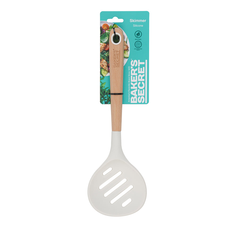 Baker's Secret 12.9 INCH Silicone Skimmer with Wooden Handle – Durable Kitchen Accessory for Skimming, Straining & Heat-Resistant, Non-Scratch Cooking