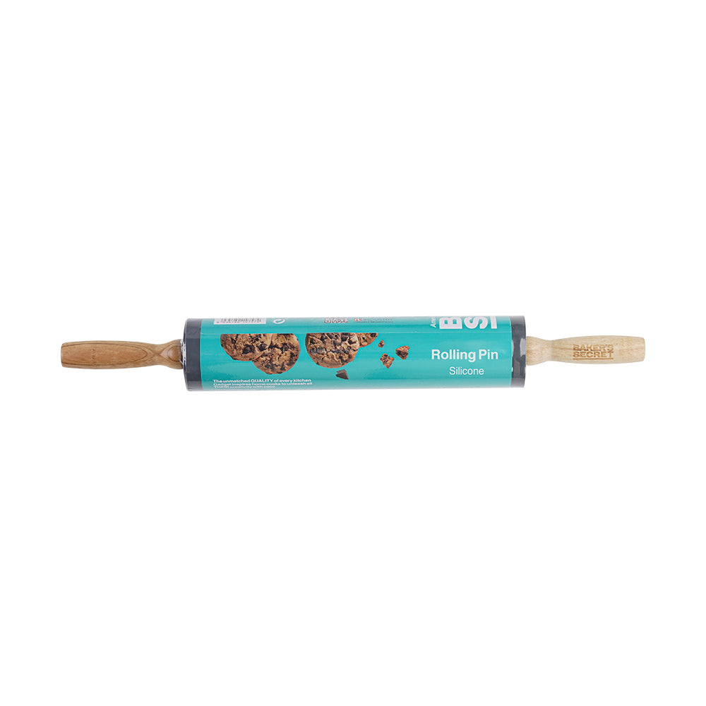 Baker's Secret 17 inch Silicone Rolling Pin with Rubber Wood Handles – Durable Kitchen Tool for Rolling Dough, Baking & Non-Stick Performance