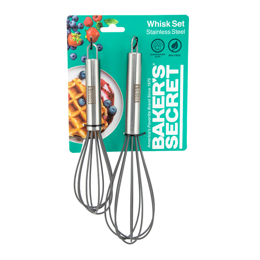 Baker's Secret 2pcs Silicone Whisk Set – High-Quality Kitchen Tools for Whisking, Mixing & Durable Baking Use