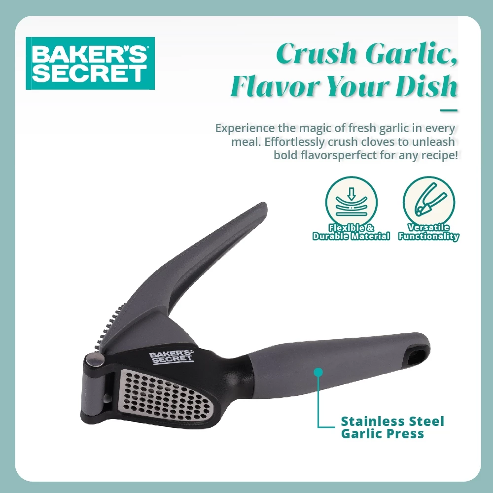 Baker's Secret 7.3 Inch Stainless Steel Garlic Press – Durable Kitchen Tool for Easy Garlic Crushing & Food Preparation