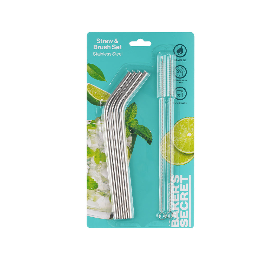 Baker's Secret 6pcs Stainless Steel Straws Set – Reusable Kitchen Accessories for Eco-Friendly Drinking & Durable Use