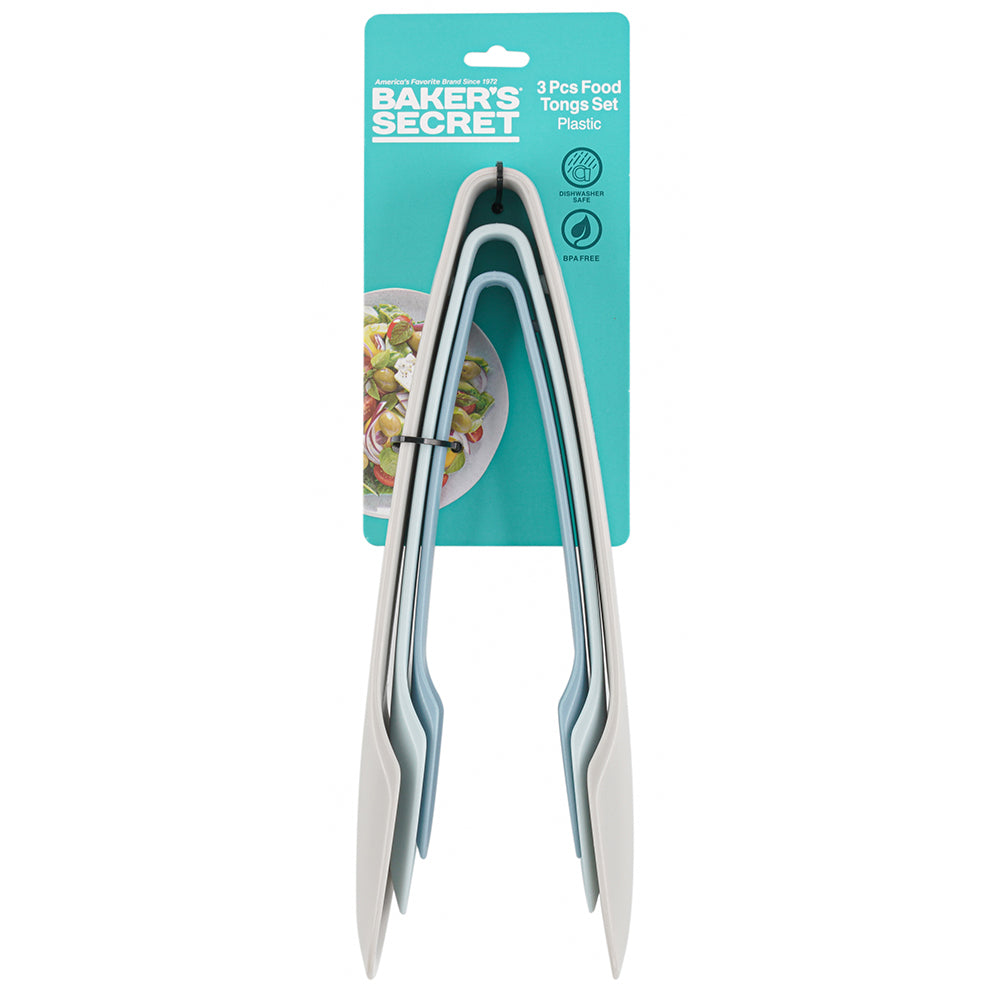 Baker's Secret 3Pcs Plastic Food Tongs Set – Durable Heat-Resistant Kitchen Tools for Cooking, Serving & Grilling