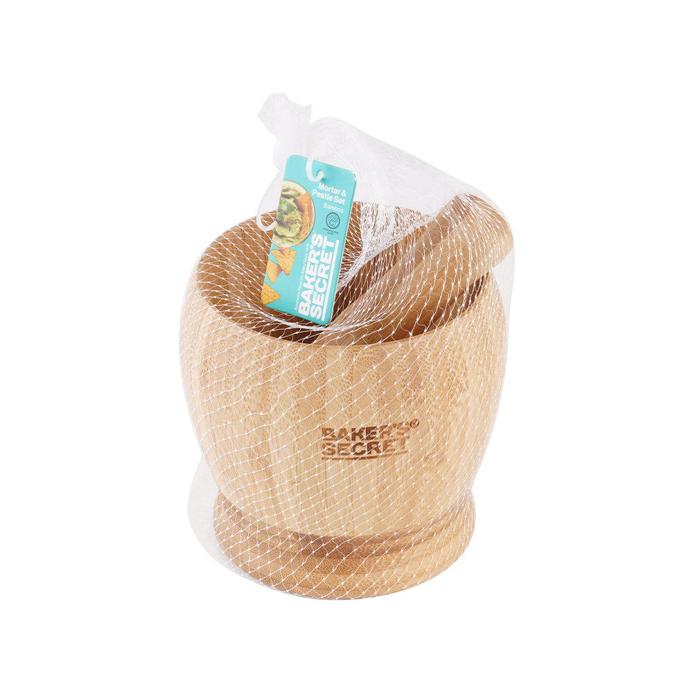 Baker's Secret Bamboo Mortar and Pestle Set – Durable Kitchen Tool for Grinding, Crushing, and Herb Preparation