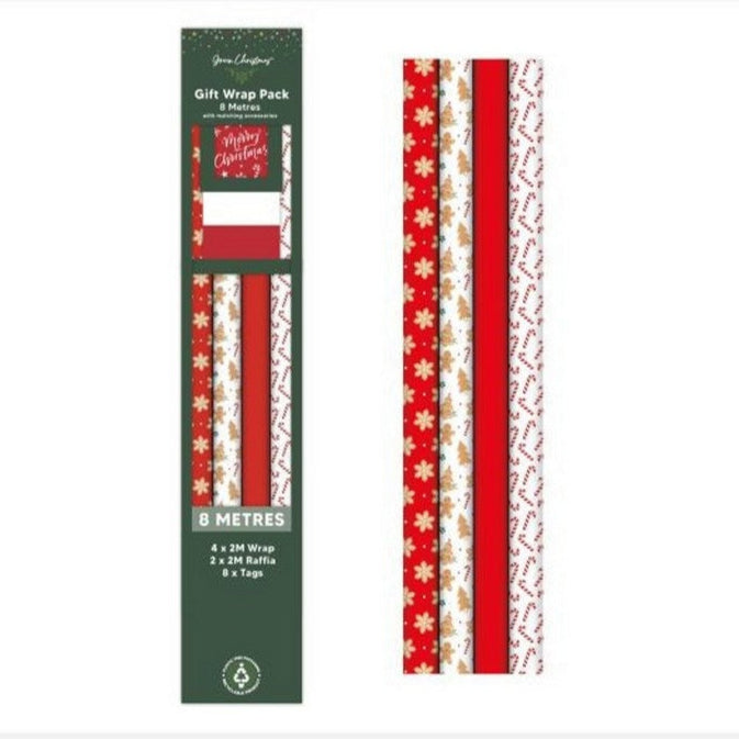 RSW Christmas Gift Wrap Set – Eight Meter Gingerbread Wrapping Paper with Four Meter Raffia Ribbon and Eight Gift Tags, Seasonal Holiday Decor and Packaging