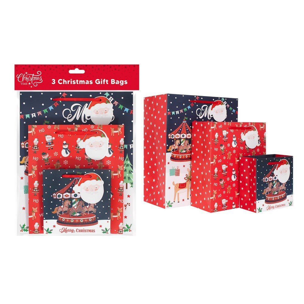 RSW Winter Carousel Gift Bags – Pack of 3 Reusable Christmas Gift Bags for Holiday Gifting, Seasonal Décor, Festive Packaging, and Christmas Celebration