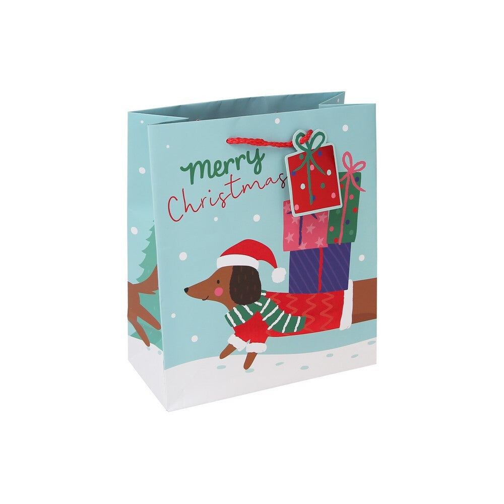 Eurowrap Dachshund Gift Bag, Christmas and Holiday Gift Bag, Festive Packaging, Seasonal Present Holder, Holiday Celebration, and Perfect Christmas Gifting Essentials - Size MEDIUM